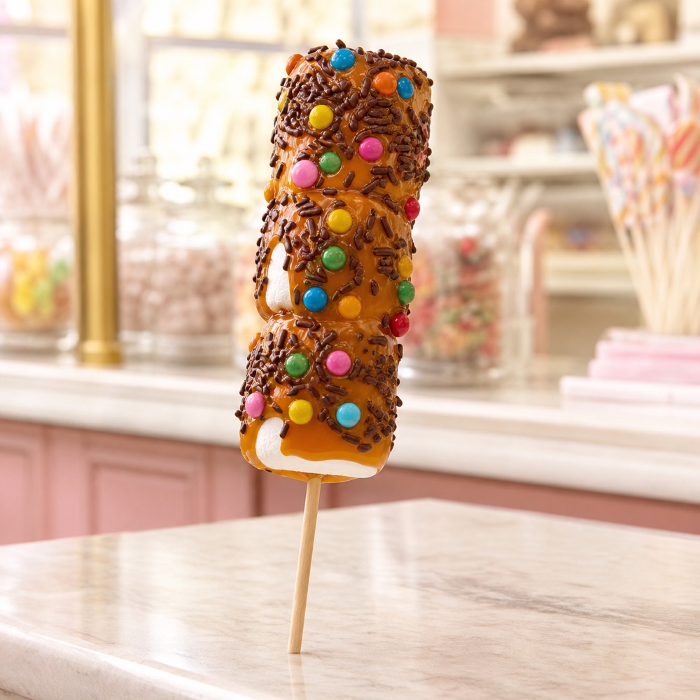 Caramel-dipped marshmallow treats on sticks, rolled in toppings.