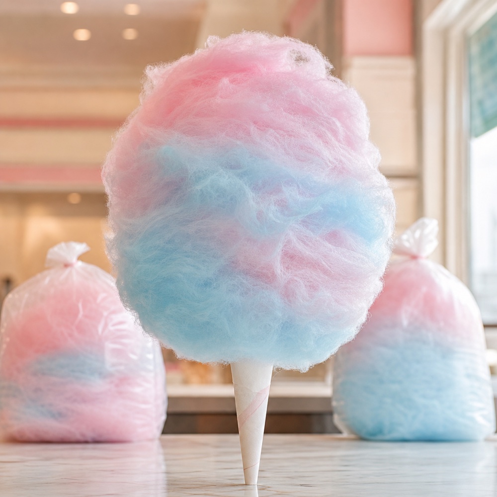 Bags of pink and blue cotton candy spun at Williams Candy Shop.