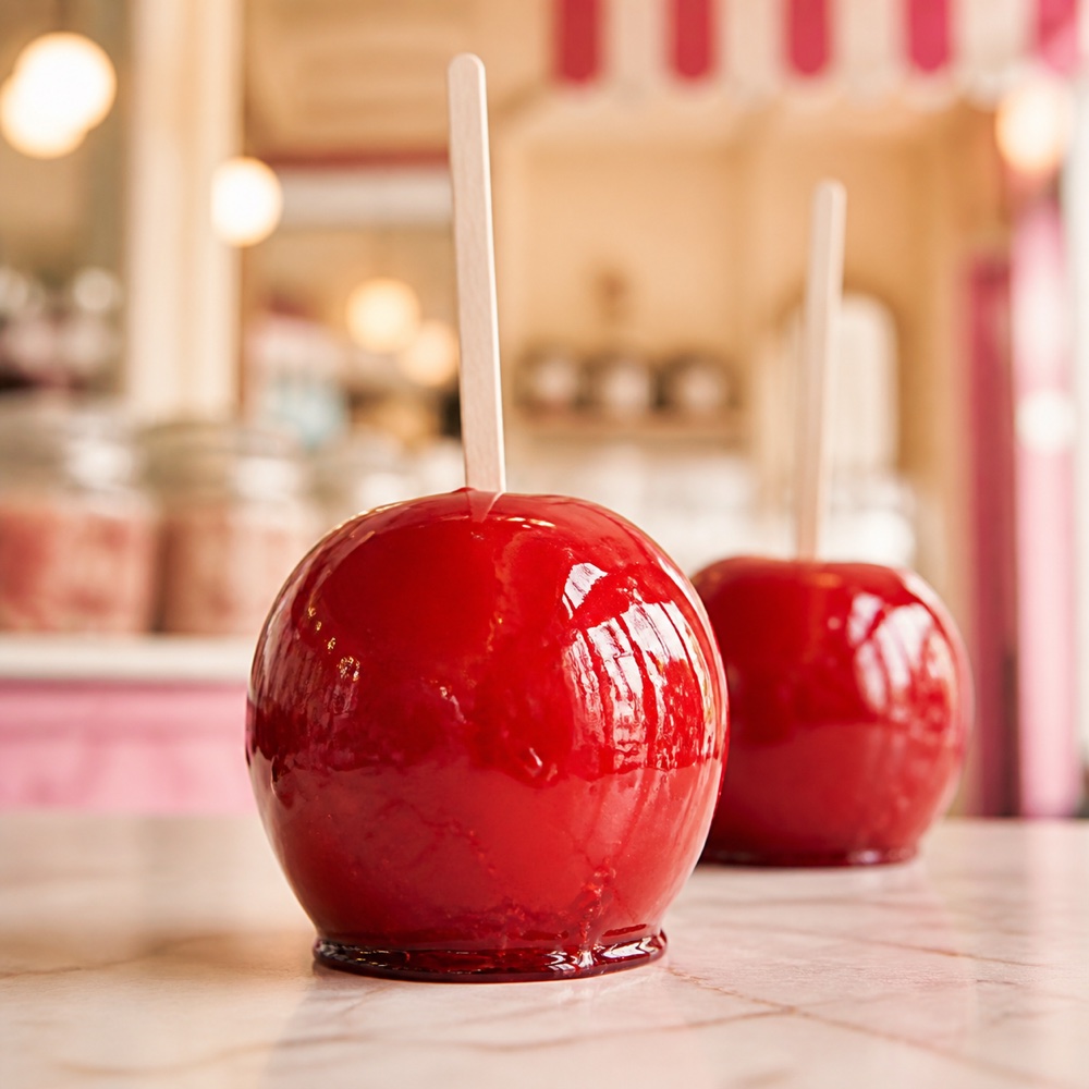 A glossy red candy apple on a stick, hand-dipped at Williams Candy.