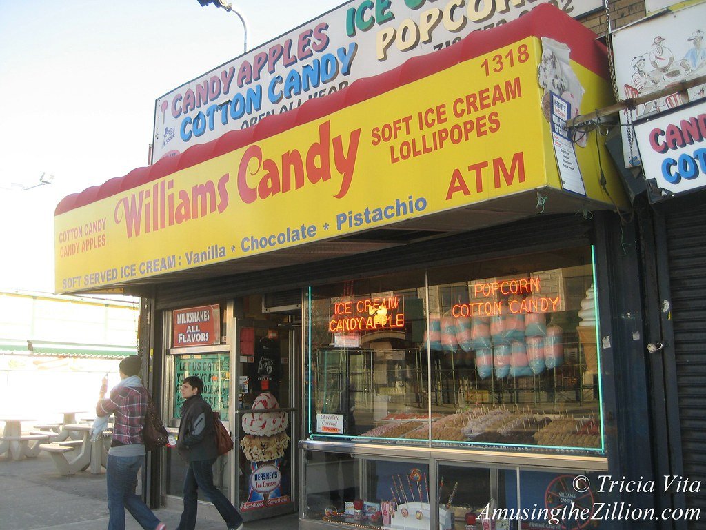 Williams Candy Shop daytime storefront on Surf Avenue in Coney Island